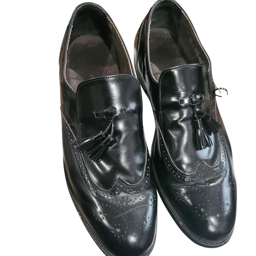Vintage Black Leather Wingtip Tassel Loafers Made in USA Mens 14 3E Wide Brogue
